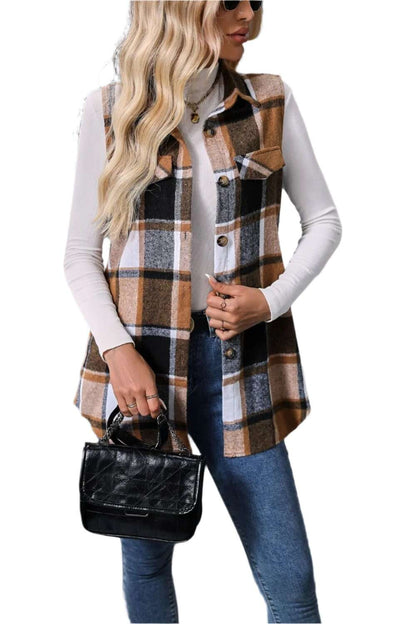 Women Plaid Button Up Vest Coat,Long Cardigan,Warm Vest - MaribelaShop2