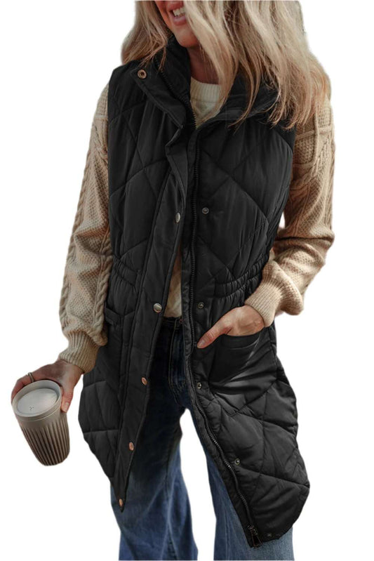 Women Pocketed Zipper and Button Vest Coat - MaribelaShop2