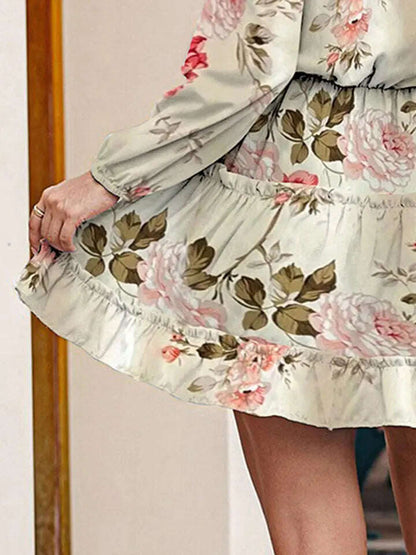 Women Printed Tie Neck Long Sleeve Dress Floral - MaribelaShop2