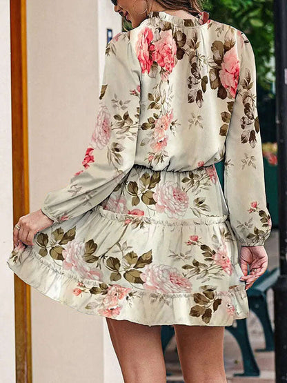 Women Printed Tie Neck Long Sleeve Dress Floral - MaribelaShop2