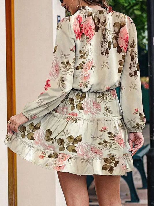 Women Printed Tie Neck Long Sleeve Dress Floral - MaribelaShop2