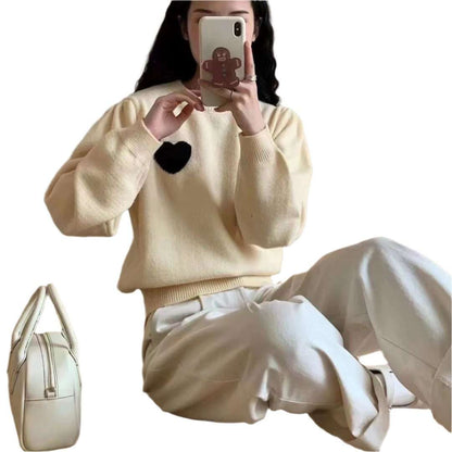 Women Sweater,Korean Style Heart Embroidered Round Neck Sweater - MaribelaShop2