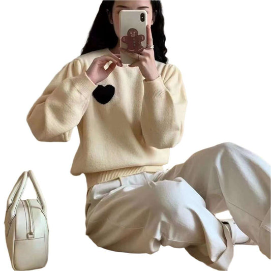 Women Sweater,Korean Style Heart Embroidered Round Neck Sweater - MaribelaShop2