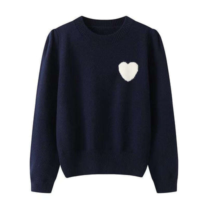 Women Sweater,Korean Style Heart Embroidered Round Neck Sweater - MaribelaShop2