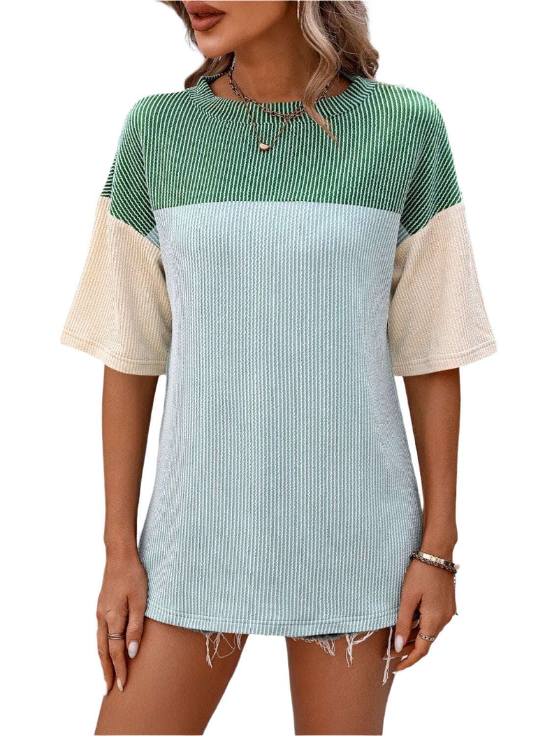 Women Top Color Block Round Neck Half Sleeve T-Shirt - MaribelaShop2