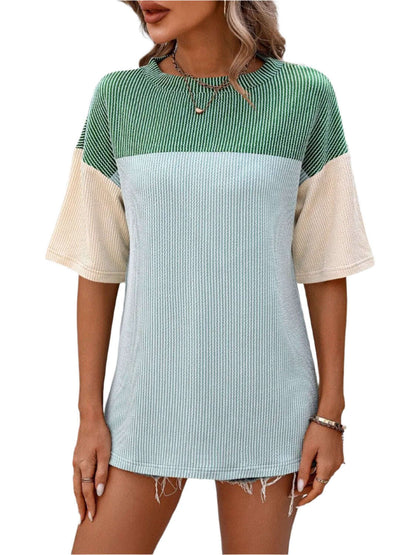 Women Top Color Block Round Neck Half Sleeve T-Shirt - MaribelaShop2