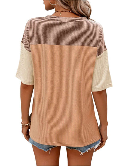Women Top Color Block Round Neck Half Sleeve T-Shirt - MaribelaShop2