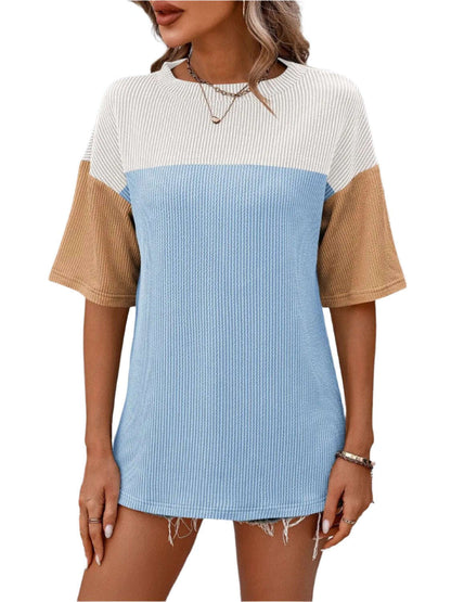 Women Top Color Block Round Neck Half Sleeve T-Shirt - MaribelaShop2