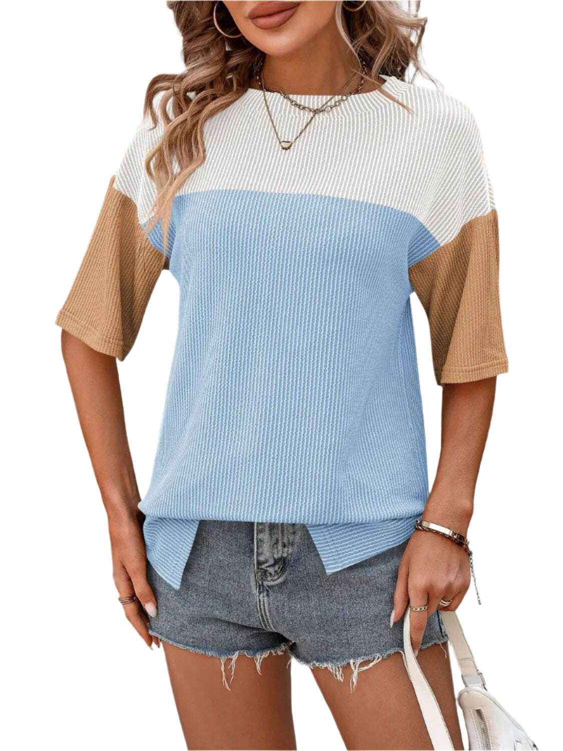 Women Top Color Block Round Neck Half Sleeve T-Shirt - MaribelaShop2