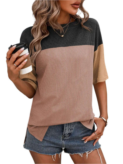 Women Top Color Block Round Neck Half Sleeve T-Shirt - MaribelaShop2
