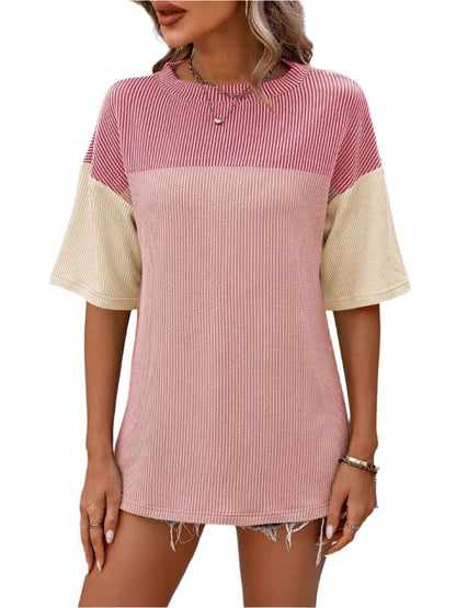 Women Top Color Block Round Neck Half Sleeve T-Shirt - MaribelaShop2