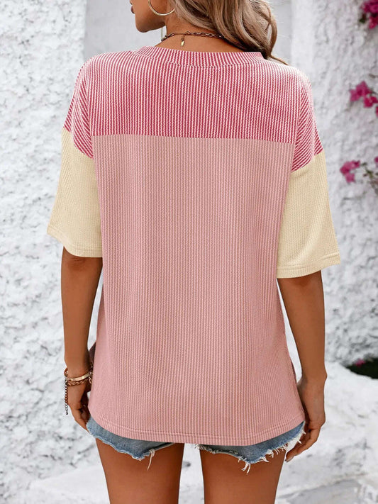Women Top Color Block Round Neck Half Sleeve T-Shirt - MaribelaShop2