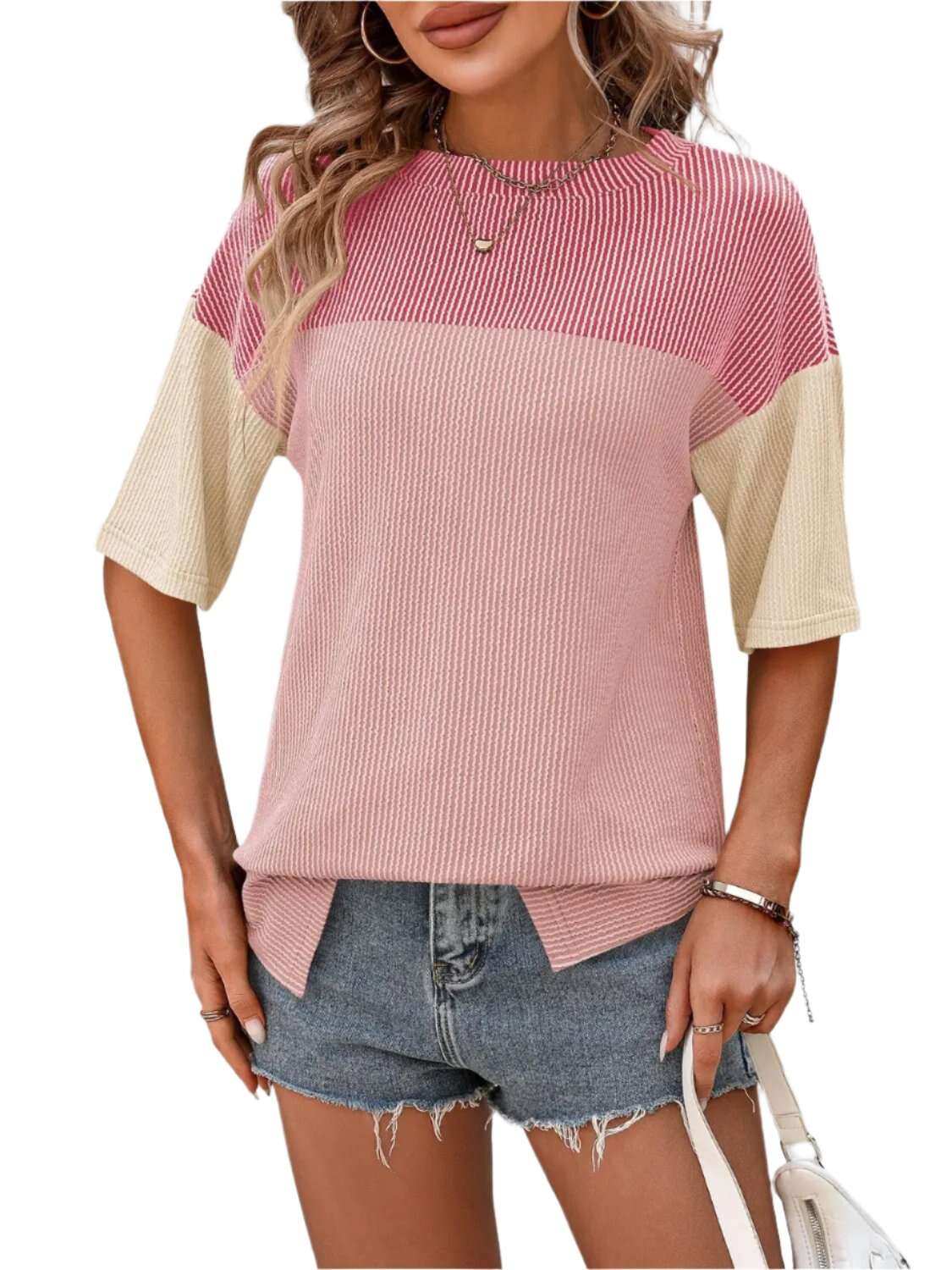 Women Top Color Block Round Neck Half Sleeve T-Shirt - MaribelaShop2