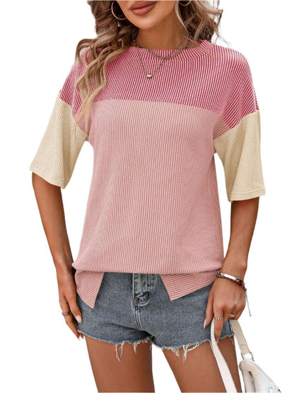 Women Top Color Block Round Neck Half Sleeve T-Shirt - MaribelaShop2