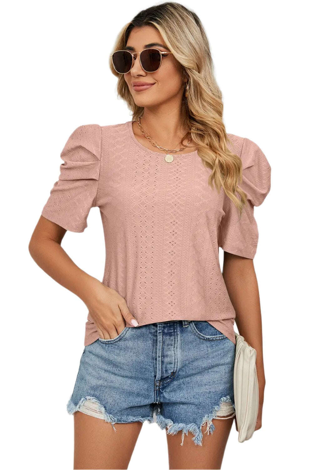 Women Top, Eyelet Round Neck Puff Sleeve T-Shirt, women tops sewing patterns, Gift for her - MaribelaShop2
