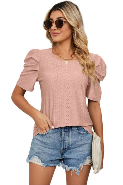 Women Top, Eyelet Round Neck Puff Sleeve T-Shirt, women tops sewing patterns, Gift for her - MaribelaShop2