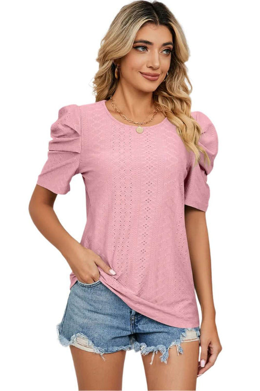 Women Top, Eyelet Round Neck Puff Sleeve T-Shirt, women tops sewing patterns, Gift for her - MaribelaShop2
