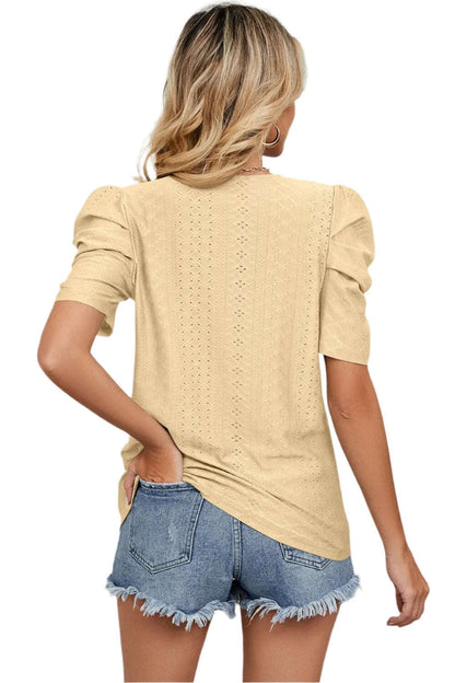 Women Top, Eyelet Round Neck Puff Sleeve T-Shirt, women tops sewing patterns, Gift for her - MaribelaShop2