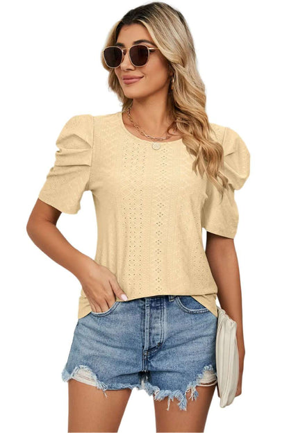 Women Top, Eyelet Round Neck Puff Sleeve T-Shirt, women tops sewing patterns, Gift for her - MaribelaShop2